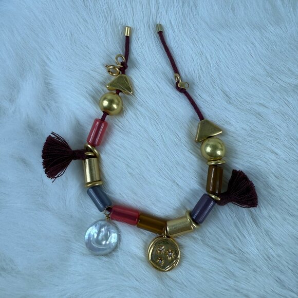 Madewell Gold Bead w/ Tassels, Tube Beads, Coin Pearl, Charms on Cord 8.25" - Picture 1 of 6